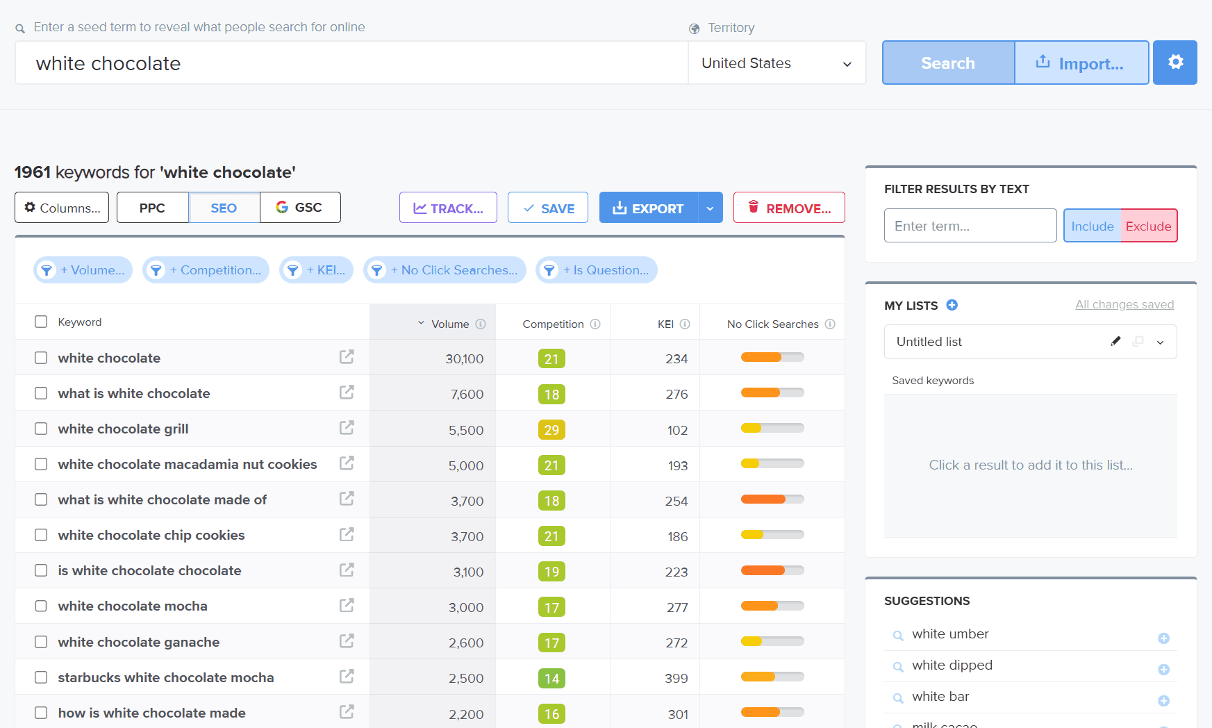 Wordtracker keyword research interface showing KEI metrics and competitor analysis